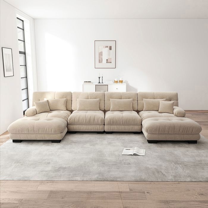 Sofá esquinero, sofá modular en forma de U - 4 plazas + 1 otomana de chenilla extraíble, color café claro