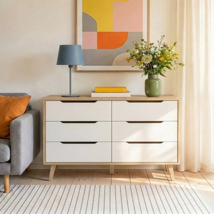 Commode VANKKA  6 tiroirs - Décor chêne et blanc - Scandinave - L 154 x  P 42 x H 86 cm