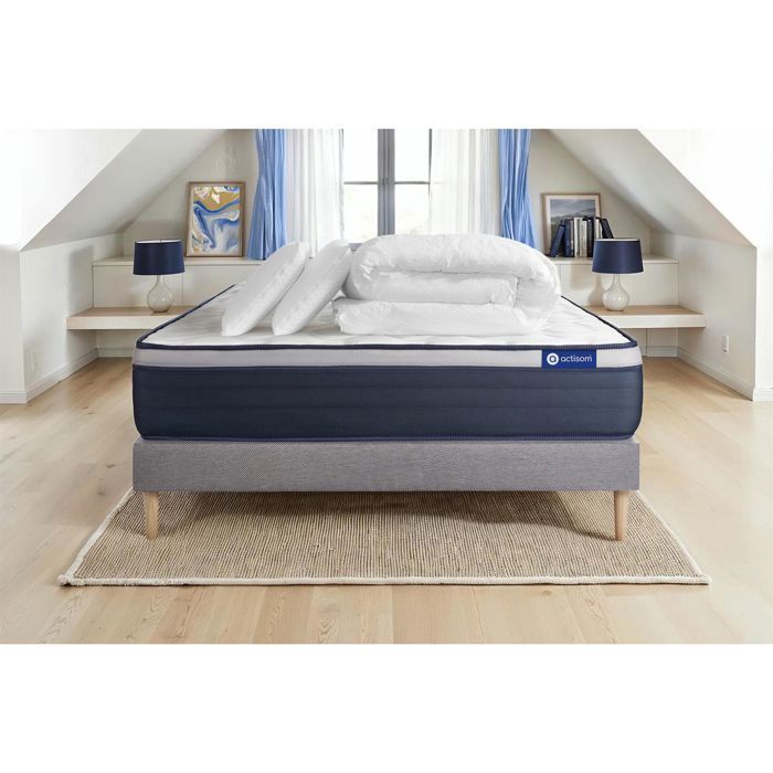 Juego completo de cama de 160x200 cm - Colchón + Base de cama gris (requiere montaje) + 2 almohadas + Edredón - Actilatex Ma