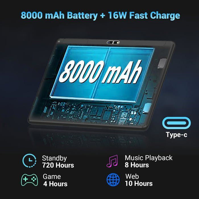 Tablette Tactile 10.1 Pouces MAGCH, Android 14, 36Go+128Go, Octa-Core, 5G Wifi, TYPC-C, 8000mAh, more accessoires-Noir