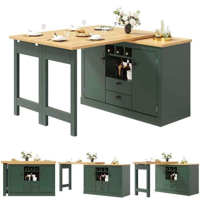 Îlot de Cuisine Extensible Multifonction,Table de bar Rotative 360°Réglable 120-180cm,Avec 2 tiroirs & Portes,Vert