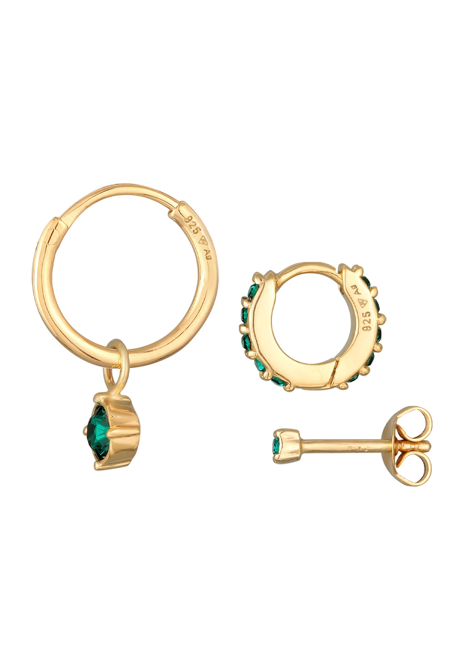 Elli Femmes Créoles Set Clous d'Oreilles avec Cristal vert en Argent Sterling 925 Plaqué Or