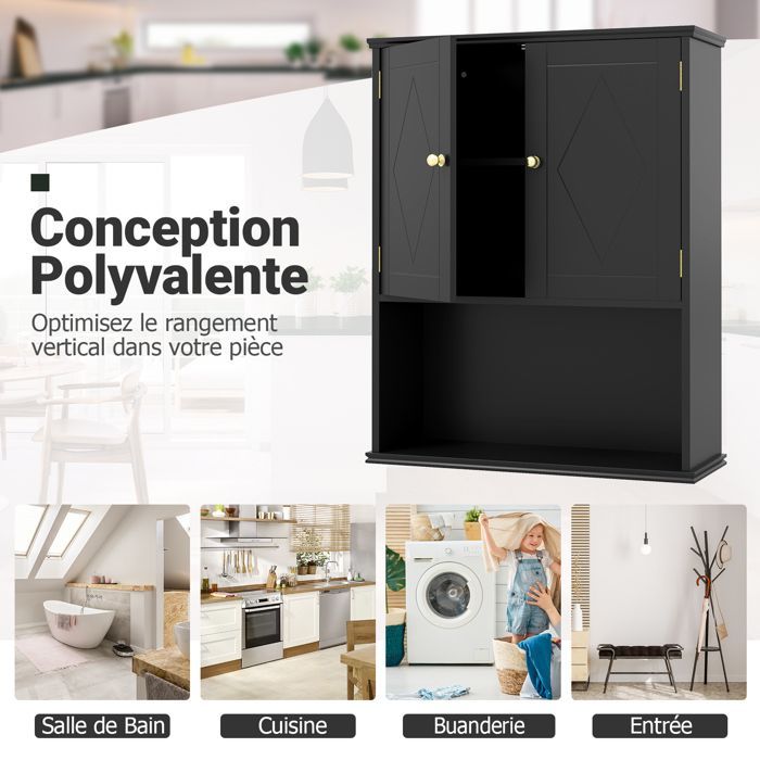 COSTWAY Meuble Mural Salle de Bain avec 2 Portes, Étagère Réglable, Compartiment Ouvert, pour Toilette, Buanderie, Salon, Noir