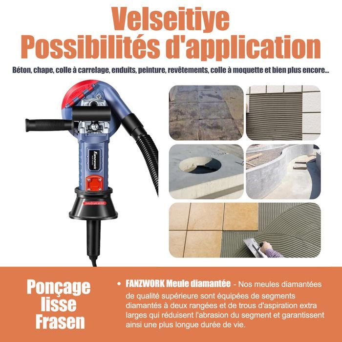 Ponceuse à béton - FANZWORK - HG0007-2 - 1500 W - 2 meule diamantée 125mm - vitesse réglable