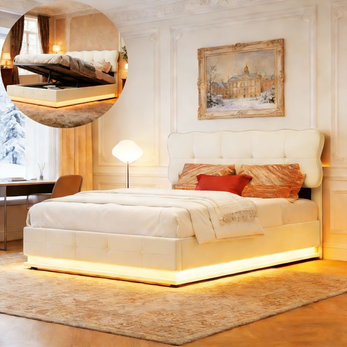 Lit 140x190 cm - LED - tissu en velours - cadre de lit adulte - beige