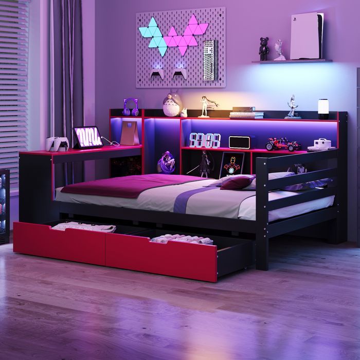 Cama individual de 90x200 cm con LED - 2 cajones y compartimentos de almacenamiento - Toma de corriente - Negro+rojo