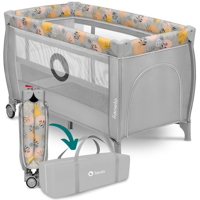 Cuna de viaje compacta 2 en 1 LIONELO Stefi Plus - Parque infantil - Colchón de alta densidad - 0-36 meses - 2 ruedas - Gris/Multicolor