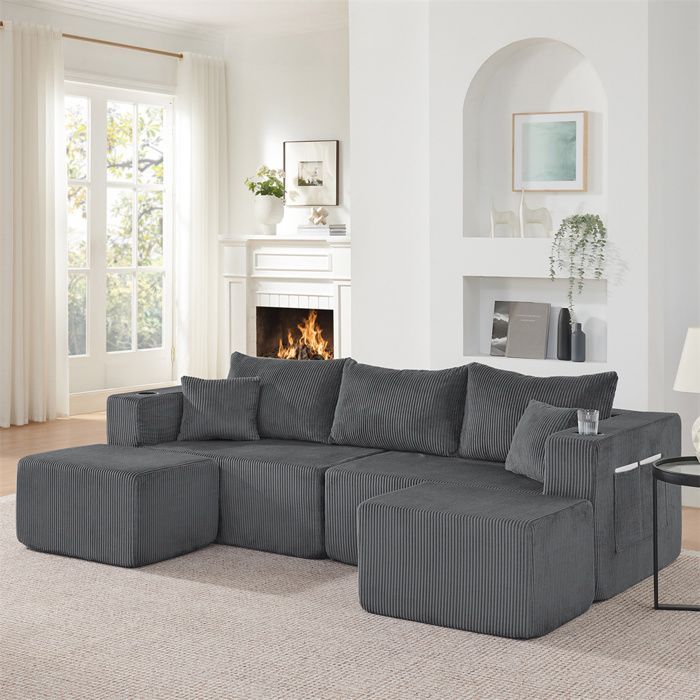 DRIPEX Modulares 3-Sitzer-Sofa, 230 cm lang, U-förmiges, zusammenklappbares Sofa mit verschiebbaren Hockern, Cordbezug, Getränkehalter, grau