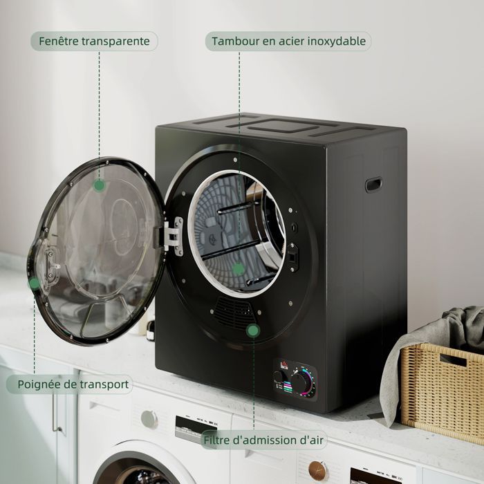 Sèche-linge à évacuation - HOMCOM - 850 W, capacité 2,5 Kg, 4 modes de séchage - cuve en acier inoxydable - 49x40,5x60cm - noir
