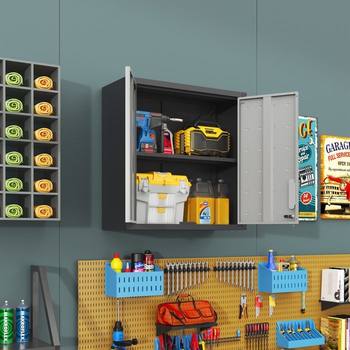 Armario metálico mural para herramientas - Mueble de almacenamiento para taller - 75x77x30 cm - 2 puertas con cerradura, estante ajustable, acero - Gris