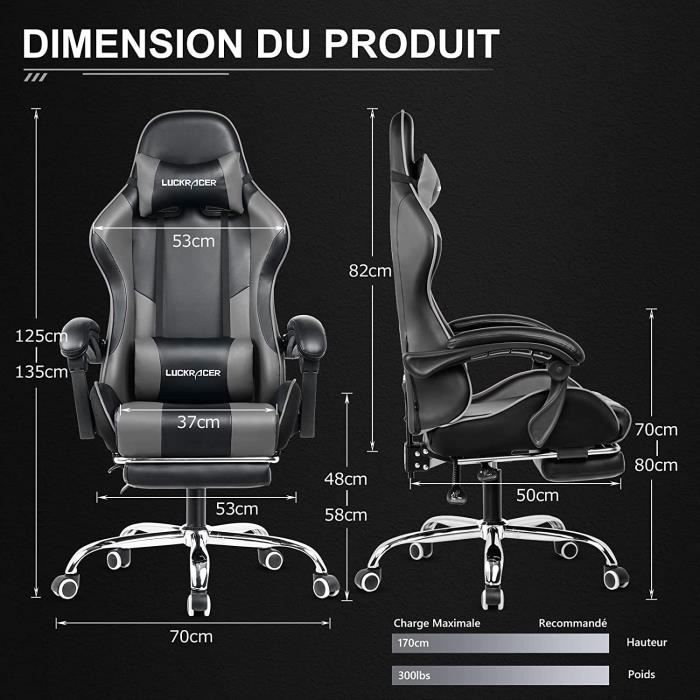 Chaise Gaming Repose Pieds Coussin Lombaire de Massage Fauteuil de Bureau Ergonomique avec Accoudoir Synchronisé (Gris)