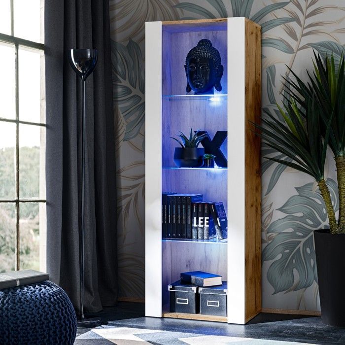 Mobile porta TV Tivoli Medio Komodee - LED blu - Bianco opaco e legno naturale - 195x159x35 cm