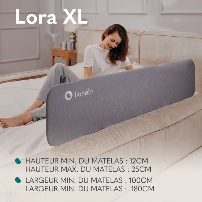 Barrière de lit bébé LIONELO Lora XL - 150 x 45 cm - Pliable - Cadre sûr et stable - Légère - Sac de transport - Gris