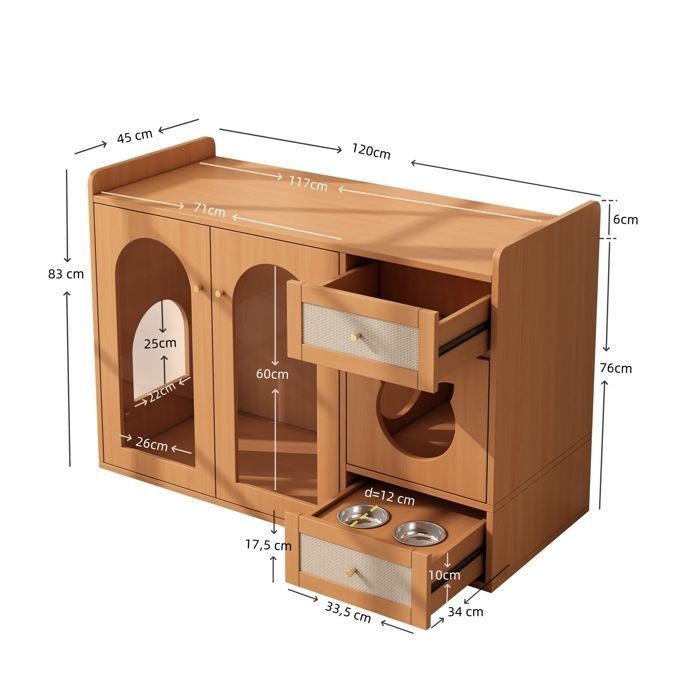 Kattenhuis met kattenbak en opbergruimte, inclusief voerbak en kattenbakvulling (niet inbegrepen), walnootkleur, 120x45x83 cm