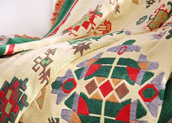 Colcha, manta o cubrecama de algodón, estilo bohemio, con diferentes estampados geométricos en ambos lados, para sofá.