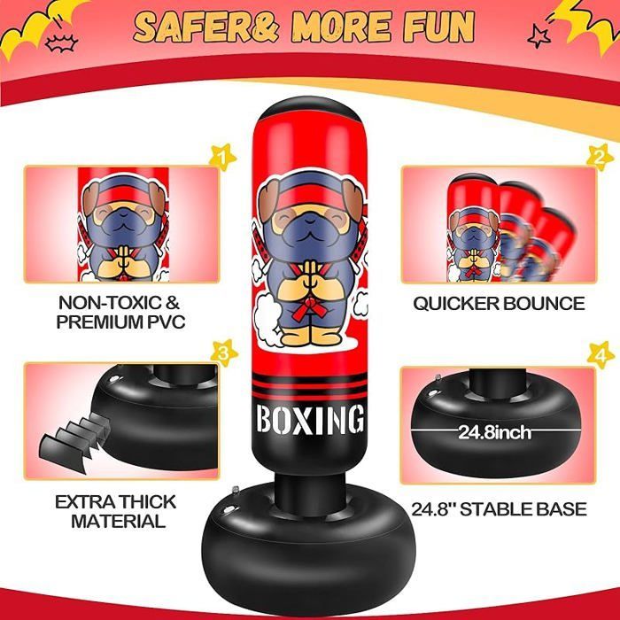 Saco de boxeo infantil de 165 cm, inflable, con guantes de boxeo. Regalo para niños y niñas. NINJA DOG.
