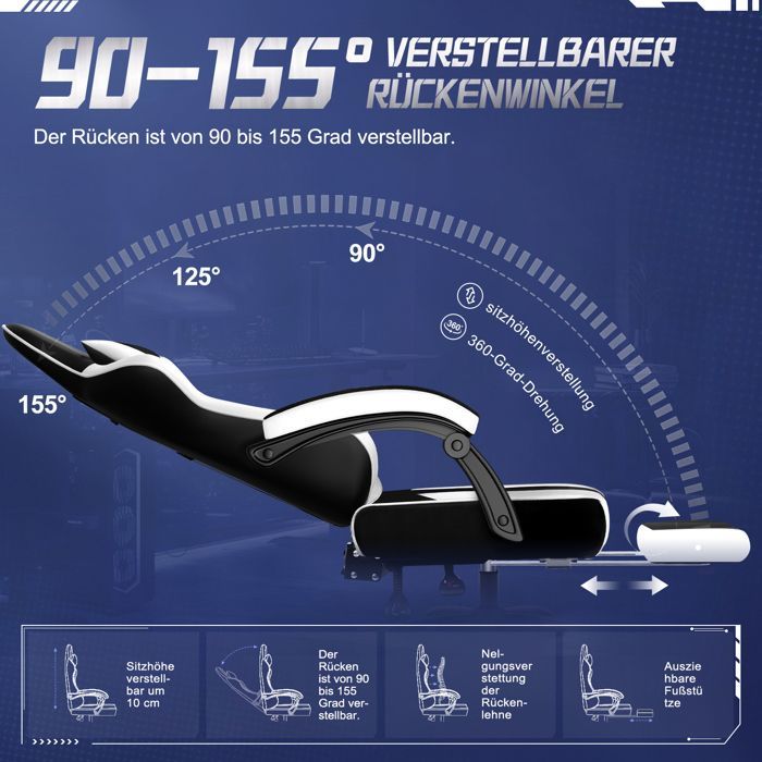 Chaise gaming, chaise de jeu ergonomique, accoudoirs réglables, repose-tête, repose-pieds, dossier, Noir/Blanc，jusqu'à 150Kg Light