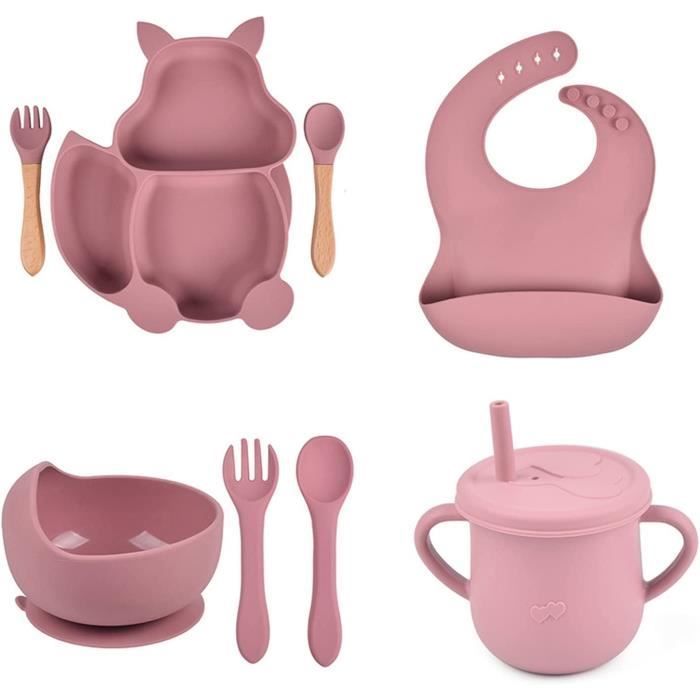 Juego de comida para bebé, juego de 8 piezas de silicona con plato, cuenco, vaso y cubiertos con ventosa (rosa)