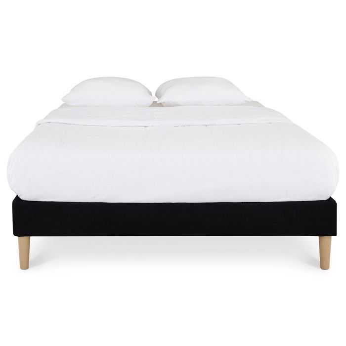 Base de cama tapizada VANNES de 120 x 190 cm, estructura de madera y revestimiento de tela negra, estructura de cama con patas y somier de láminas.