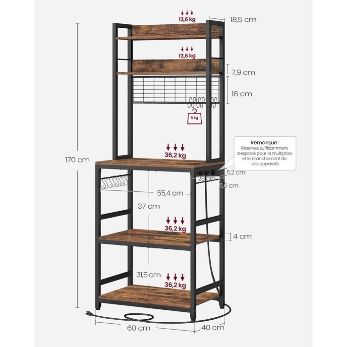 Desserte De Cuisine avec Multiprise, 40 x 60 x 170 cm, Marron Rustique et Noir