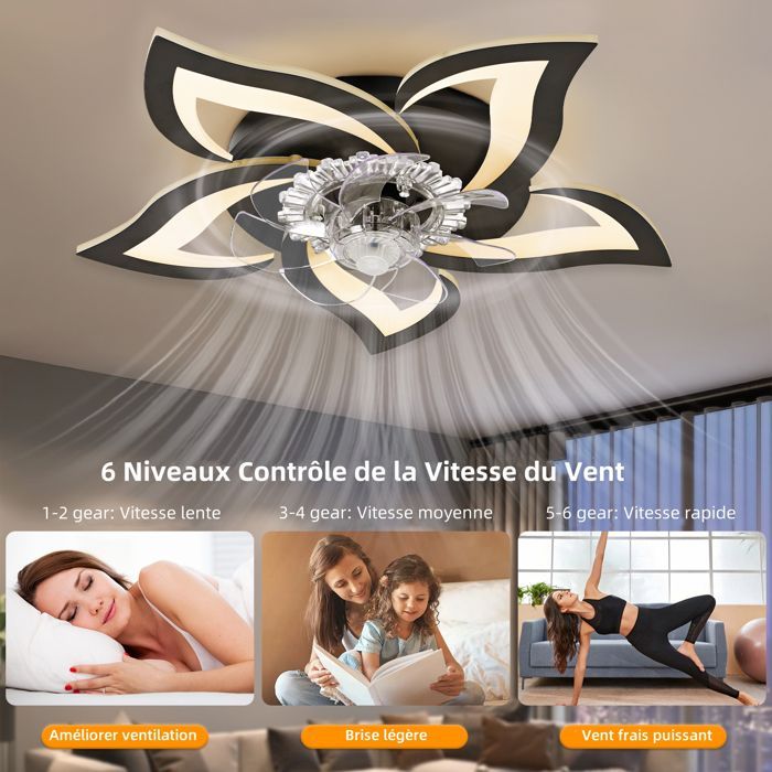 NACATIN Ventilateur de plafond à LED 6 Vitesse Fan Silencieux avec Dimmable Eclairage 3 Couleurs 9005 -Noir