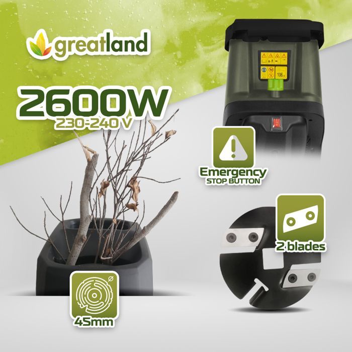 Trituradora eléctrica de jardín de 2600 W con bolsa recolectora de 45 L.