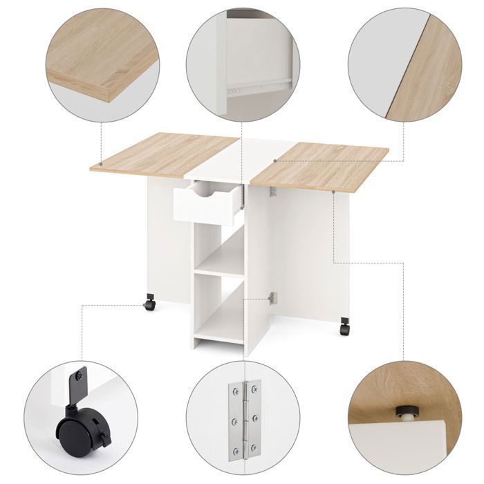 Tavolo da pranzo pieghevole Mondeer, tavolo pieghevole con 1 cassetto e 2 ripiani, tavolo da cucina per piccoli spazi, rovere tagliato e bianco