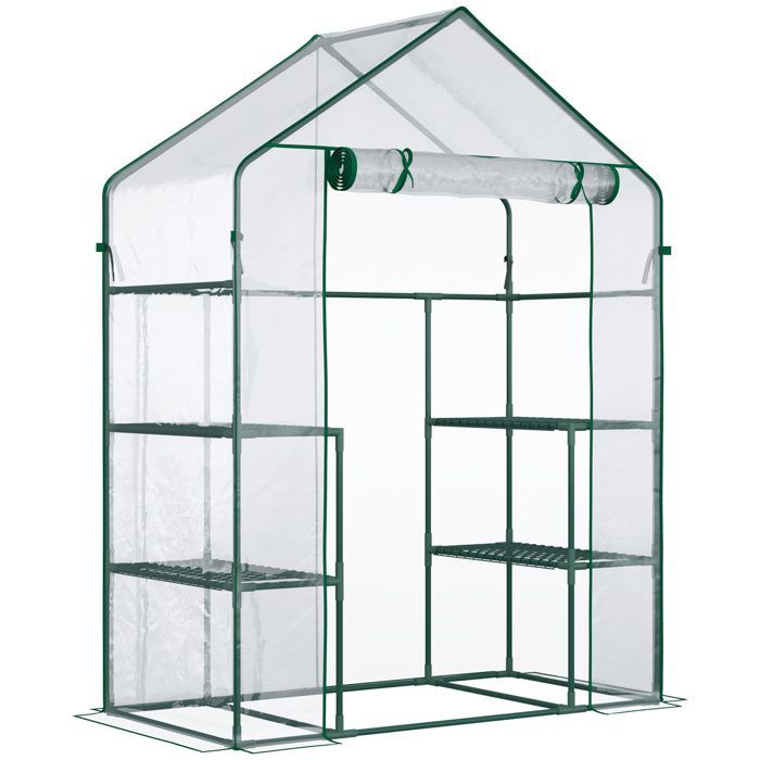 Serre de jardin - Outsunny - étagères 3 niveaux balcon bâche renforcée porte zippée enroulable - acier - 142x73x195cm - vert