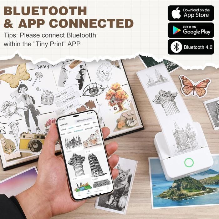 Imprimante photo portable Bluetooth mini sans fil, compatible smartphone, kit complet stickers papiers couleurs, rose