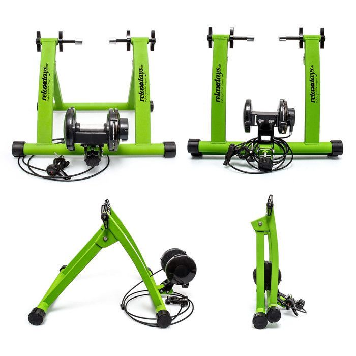 Cyclette pieghevole Relaxdays per allenamento a casa, 6 livelli di resistenza, altezza 26-28 pollici, portata massima 120 kg, colore verde.