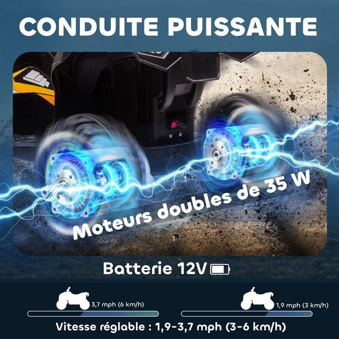 Electric quad bike - HOMCOM - children's 12V 2 motors 2 speeds 3-6 km/h LED headlights horn - PP - yellow