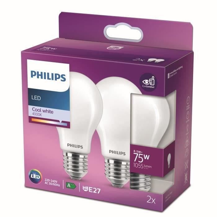 Lampadina LED Philips, equivalente a 75W, attacco E27, luce bianca fredda, non dimmerabile, in vetro, confezione da 2