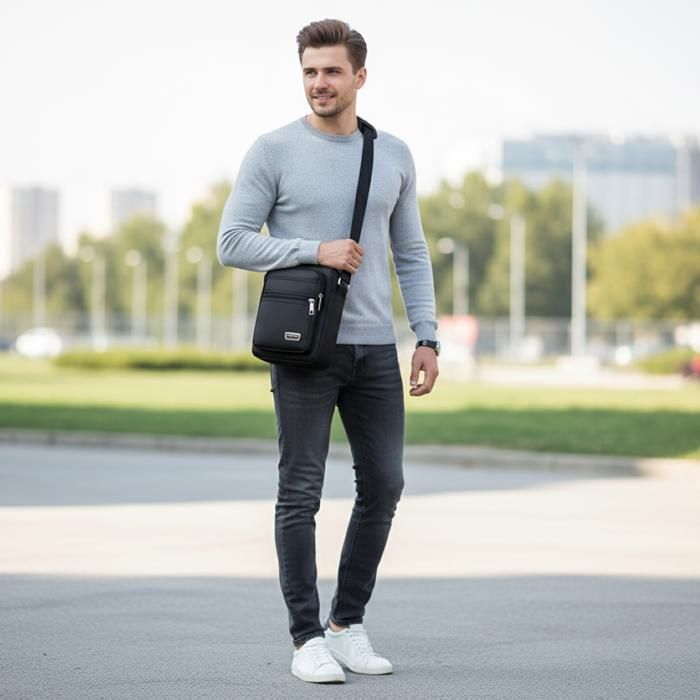 Sacoche - Bandoulière - Homme - Tissu Oxford - Collection Urbaine - Noire - 22 x 19 cm