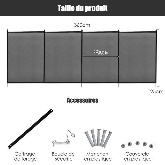 Barrera plegable para piscina COSTWAY, 360 x 125 cm, valla flexible de malla para piscina en tejido Textilene con regla y postes.