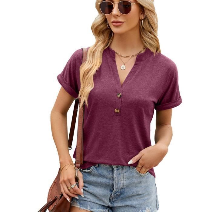 T-Shirt Femme Col En V Avec Boutons Manches Courtes Couleur Unie Tee Shirt Lache Ete Tissu Confortable - Taille EU - Bordeaux