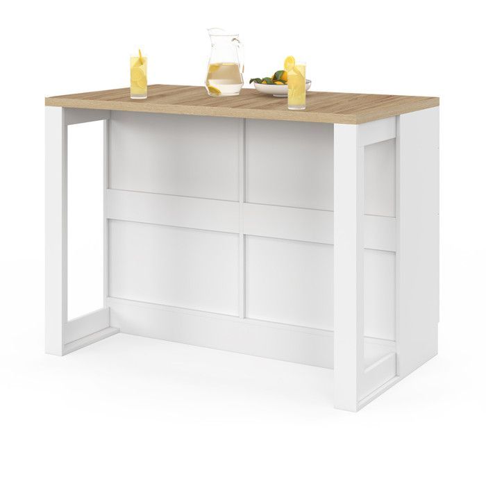 Mesa de bar central IDMARKET ORSO de 120 cm con 6 cajones, color blanco y tablero de madera.