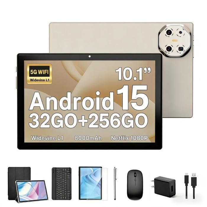 Tablette tactile  TAKINURU  32 Go RAM  256 Go 10,1 pouces - Android 15 -  Wi-Fi 5G,8000mAh,dorée