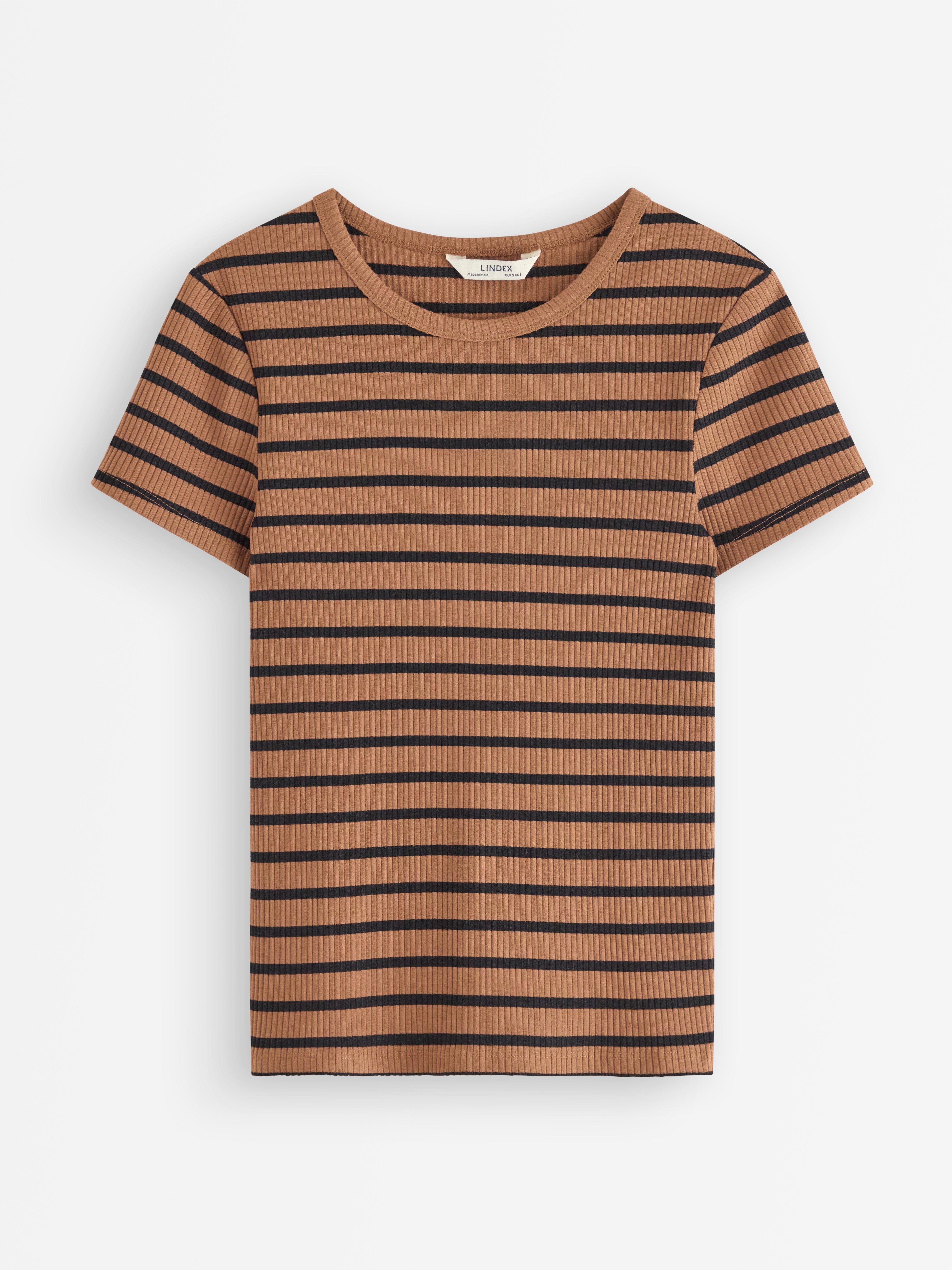 Ribbad kortärmad topp Light Brown