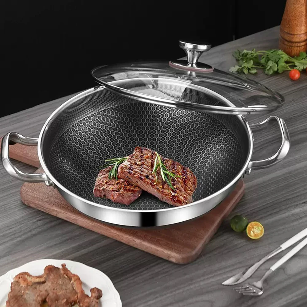 Casserole en acier inoxydable de 32 cm avec couvercle, double face antiadhésive à revêtement nid d'abeille, compatible avec les plaques à induction et à gaz.