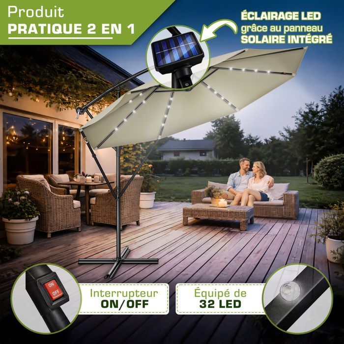 Sombrilla voladiza LED tillvex® Ø 350 cm Marrón – 360°, protección UV UPF 50+ con manivela, funda y cortavientos, parasol con base