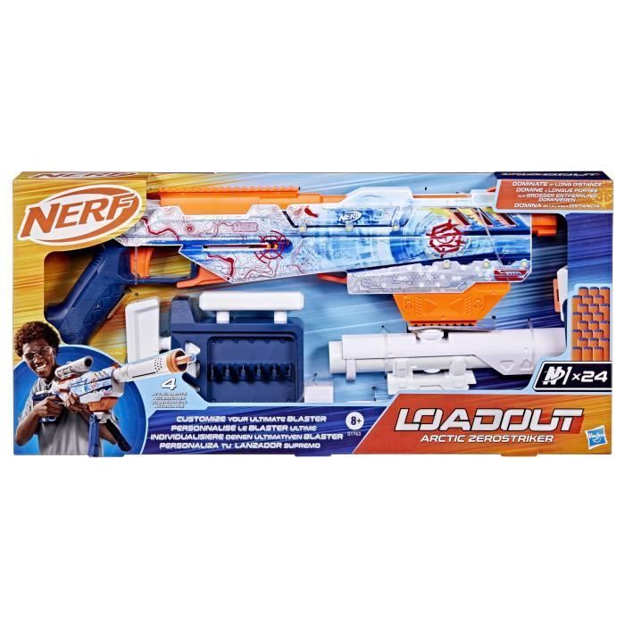 Nerf Loadout Arctic Zerostriker blaster with 4 interchangeable accessories, 24 Nerf N1 darts, 6-dart internal magazine.
