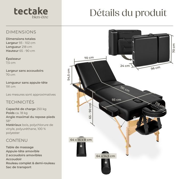 Table de massage - TECTAKE - Table de soin SOMWANG pliante et portable 3 zones avec cadre en bois 218 x 102 x 90 cm - Noir
