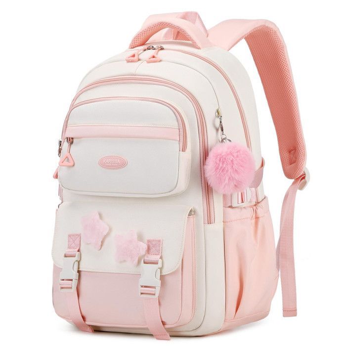 Girls' Primary School Backpack, Children's Backpack for Grades 4 and 5, School Bag with Tassel Pendant, Casual School Bag, Pink