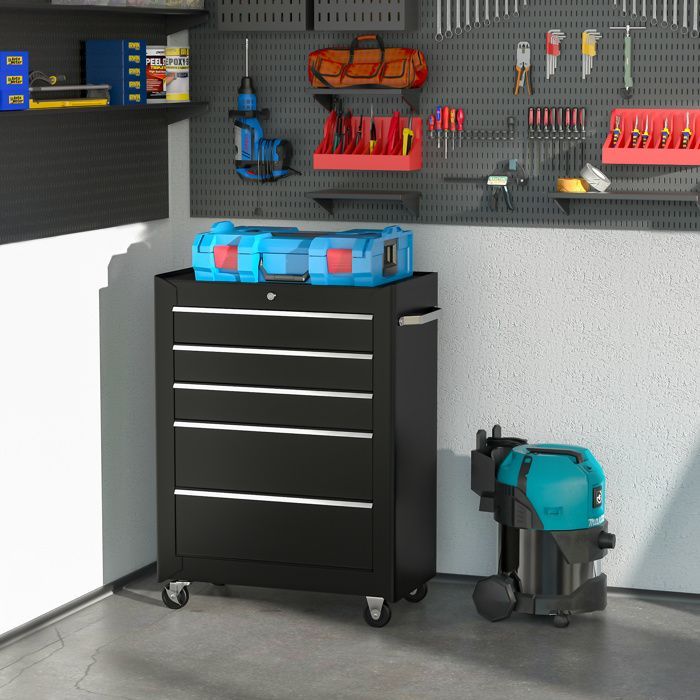 Carro de herramientas - HOMCOM - 5 cajones con cerradura y 2 llaves - con ruedas - acero - 61,5 x 33 x 82,5 cm - negro