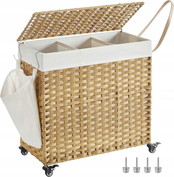 Kosz na pranie 140l 3 komory Z KÓŁKAMI RATTAN naturalny