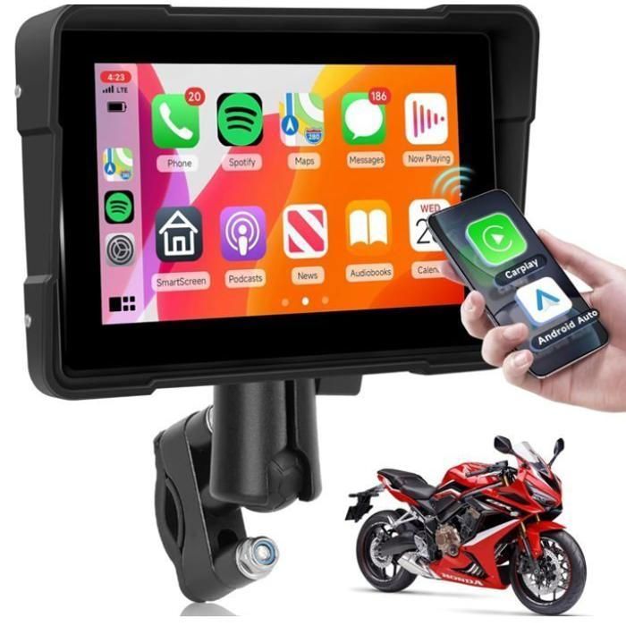 Sistema de navegación para motocicletas de 5 pulgadas con Bluetooth dual, GPS, CarPlay y pantalla táctil resistente al agua.