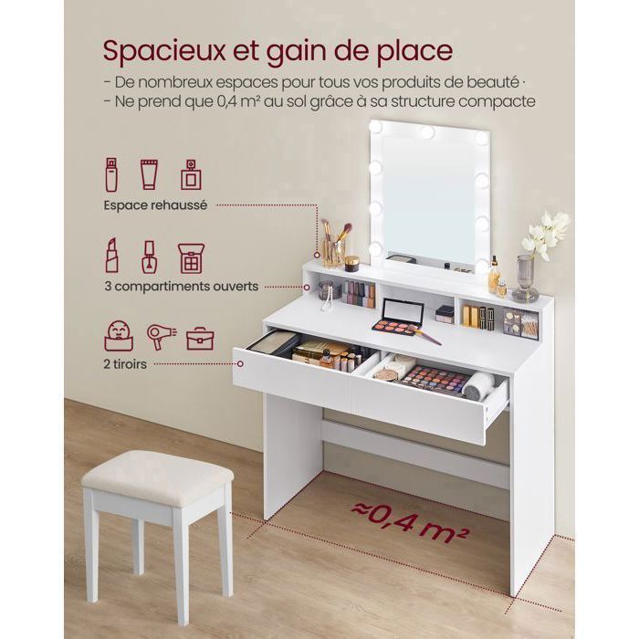 Coiffeuse, Miroir LED à Luminosité Réglable, 2 Tiroirs et 3 Compartiments, 100 x 40 x 145 cm, Blanc