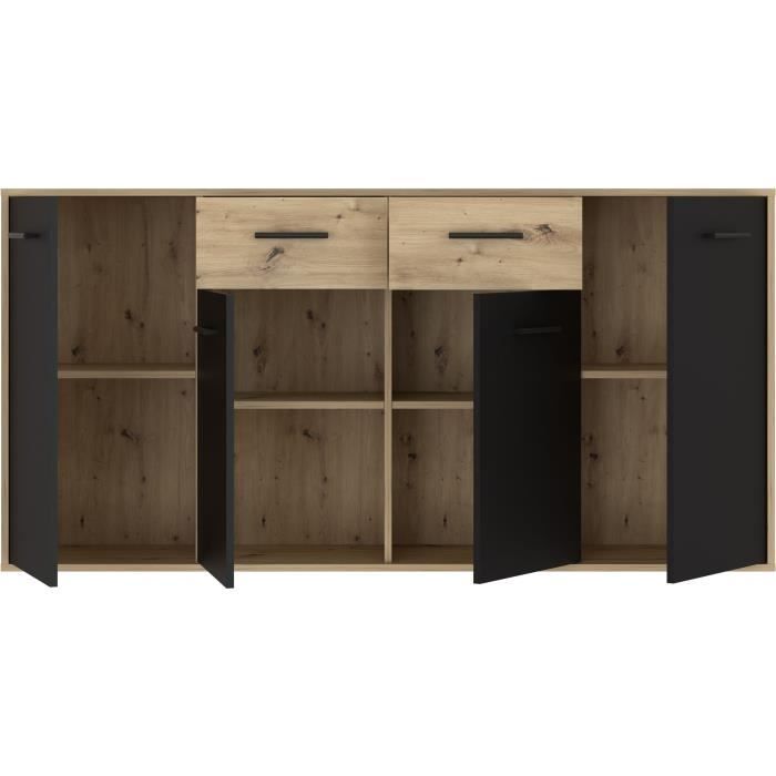 Buffet PILVI - Style contemporain - Particules mélaminé - Décor Chêne et noir - 4 portes + 2 tiroirs - L 162,3 x P 34,2 x H 81,7 cm