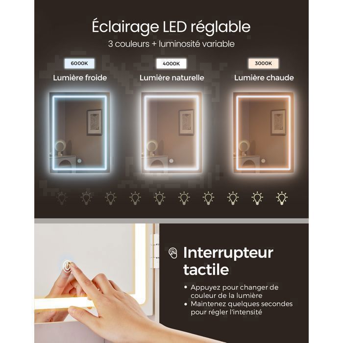VASAGLE Coiffeuse, Grand Miroir LED à Luminosité Réglable, L-100cm, Compartiments Ouverts, Étagères Réglables, Blanc
