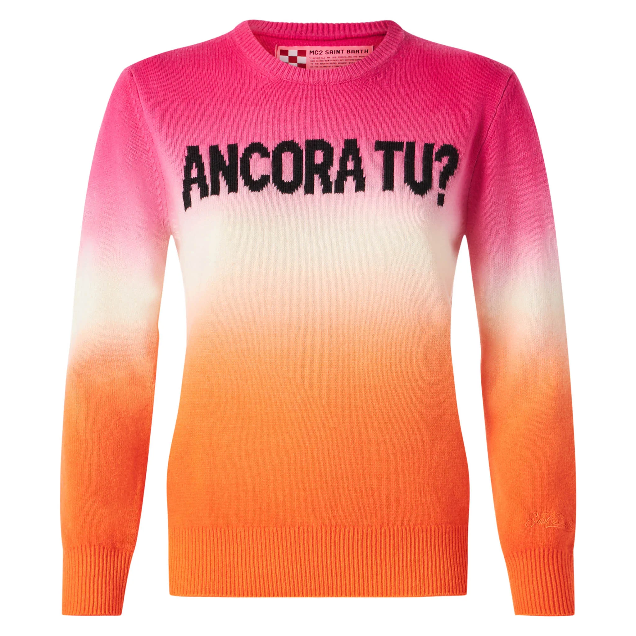 Maglione da donna fucsia e arancio degradé con scritta Ancora tu